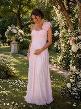 Maternity Pale Pink Long Chiffon Formal Gown Rose on One Shoulder Size 8/10 NEW